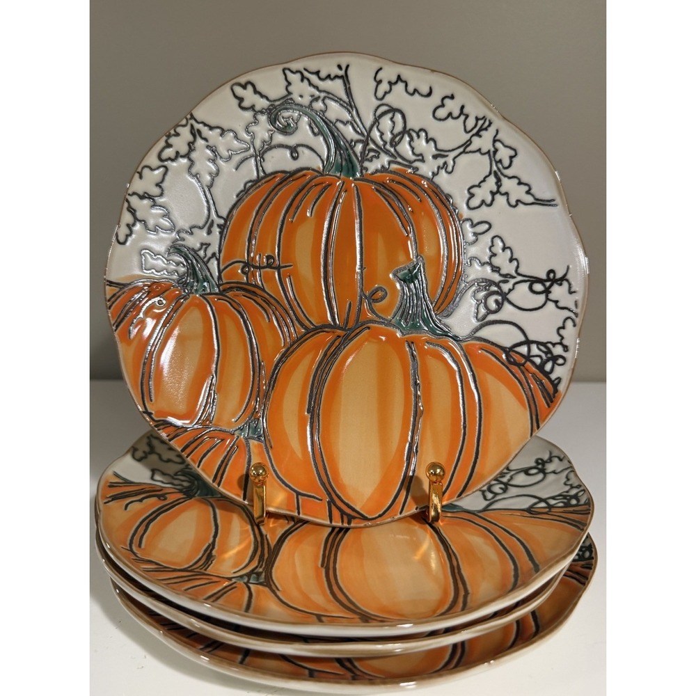 Set of 4 Eli + Ana 8" Salad Side Plates Gilded Pumpkin Fall Autumn Thanksgiving